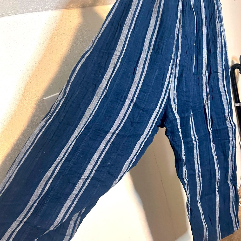 Free People Beach Navy and Gray Striped High-Waisted Lounge Pants